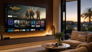 Modern Australian living room setup for **IPTV plans from Australia iptv** with ambient lighting and a Smart TV displaying a streaming menu.