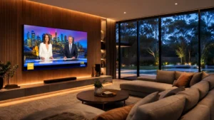 Modern Australian living room with a premium 4K Smart TV streaming live entertainment from iptv australia