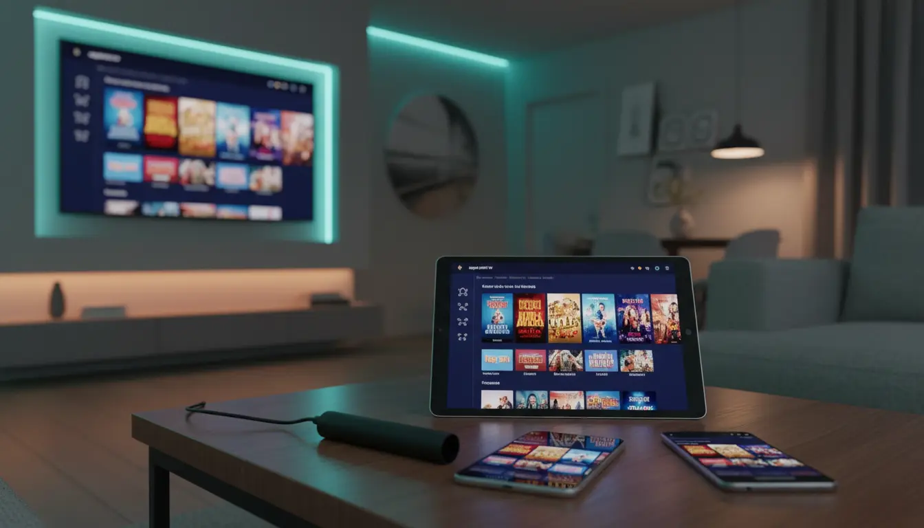 Modern living room with a flat screen smart TV set up for IPTV streaming