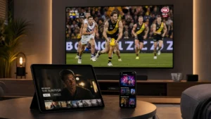 Smart TV, iPad, and smartphone simultaneously streaming different content on a single network via the **Best IPTV Plans Australia**.